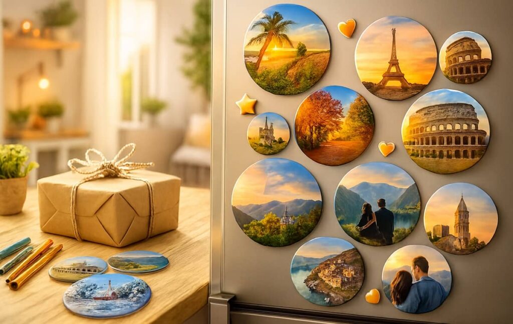 Magnets photo personnalisés ronds affichés sur un frigo, avec photos de voyage et un cadeau posé sur la table