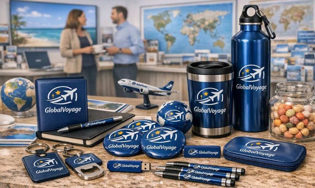 Goodies professionnels personnalisés GlobalVoyage sur le bureau d’une agence de voyage B2B, avec clé USB rectangulaire et logo.