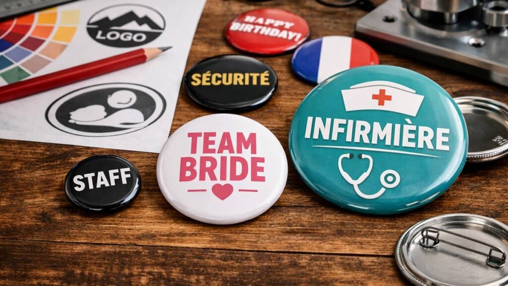 Badges personnalisés de différents formats illustrant la lisibilité, les couleurs, les contrastes et la typographie pour un design clair.