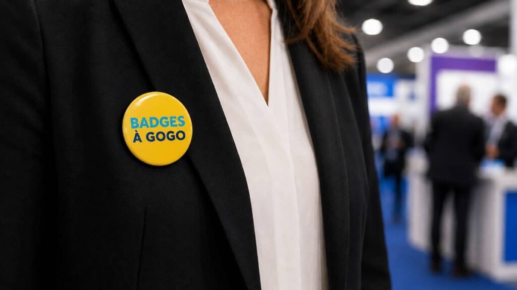 Femme professionnelle portant un badge Badges à Gogo dans un salon ou une foire
