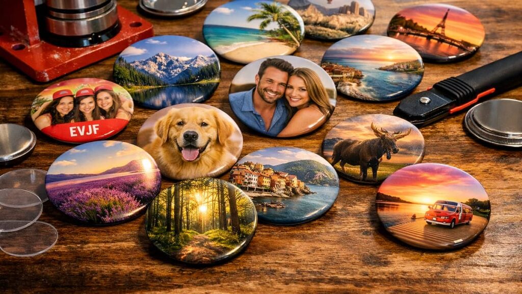 Badges ronds personnalisés éparpillés sur une table d’atelier en bois, avec visuels variés.