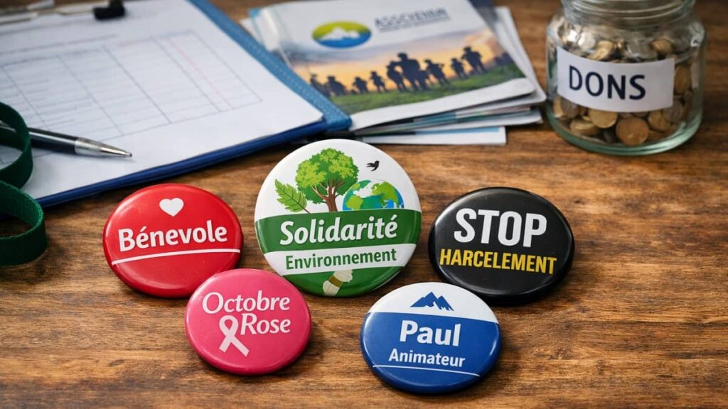 Badges associatifs personnalisés ronds disposés sur une table en bois, représentant différents rôles et causes solidaires.