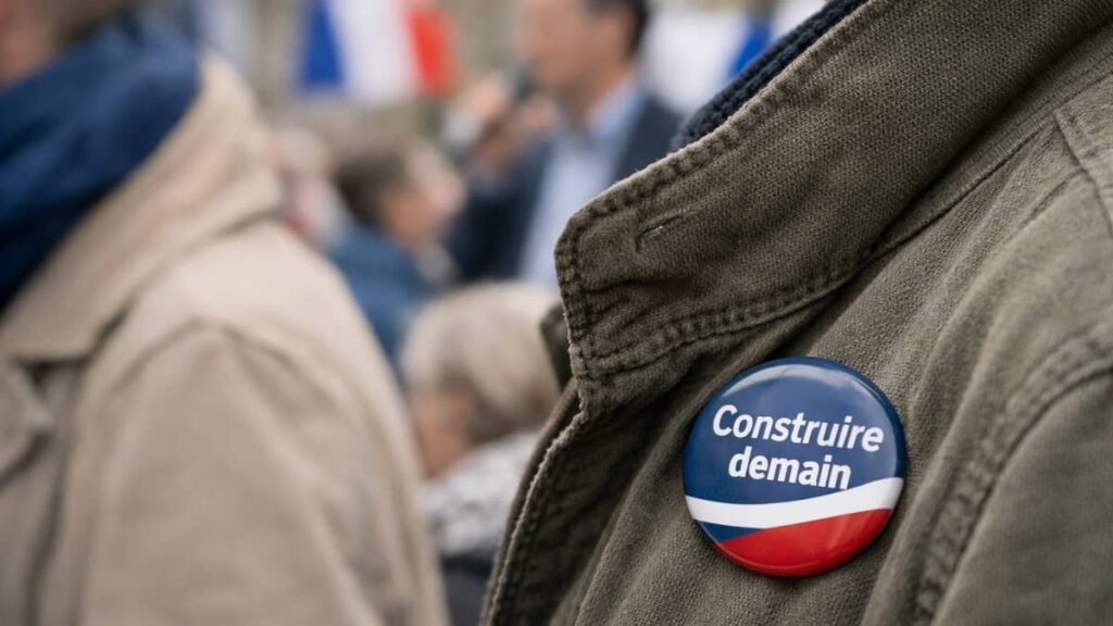 Badge tricolore bleu blanc rouge avec le slogan « Construire demain » porté lors d’un événement politique en France