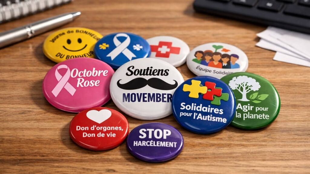 Badges de sensibilisation disposés sur un bureau représentant différentes causes : Octobre Rose, Movember, Autisme, Environnement, Don d’organes et Harcèlement.