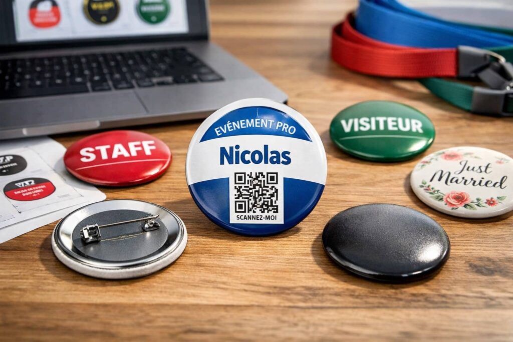 Badges ronds personnalisés pour événements professionnels et festivals, avec QR code et épingle au dos sur table en bois.