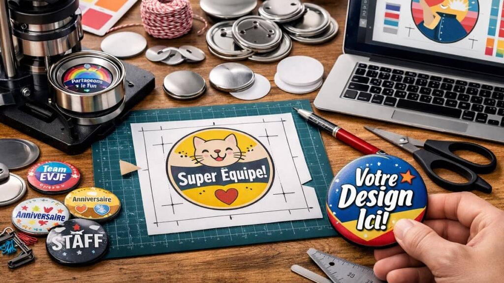 Illustration montrant la création d’un badge personnalisé directement en ligne, sans logiciel, avec ordinateur, visuels et machine à badge.