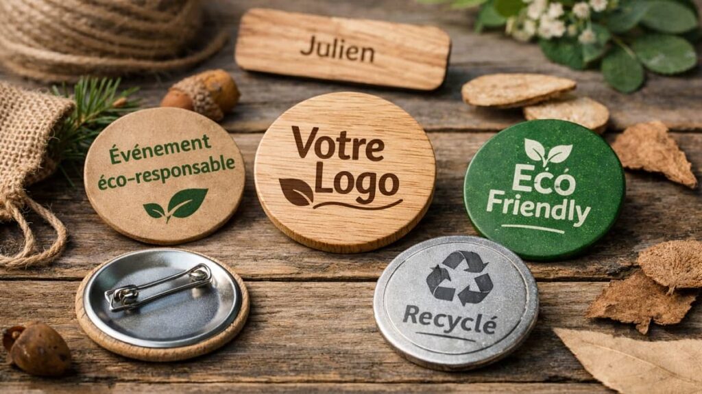 Badge écologique personnalisé en bois, carton recyclé, métal et bioplastique sur fond naturel illustrant la fabrication durable.