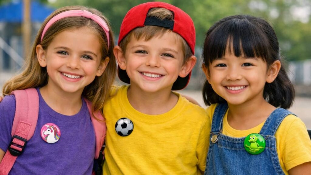 Trois enfants souriants portant chacun un petit badge personnalisé sur leurs vêtements dans une cour d’école.