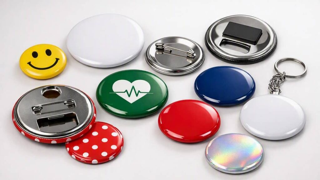 Photo réaliste de badges personnalisés ronds en métal et plastique